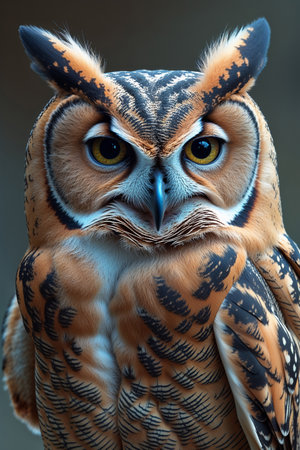 A highly detailed, photorealistic close-up of an owl with striking amber and black feather patterns, sharp gaze, and intricate textures. Perfect for wildlife enthusiasts, nature prints, home decor, educational materials, and artistic projects.の素材