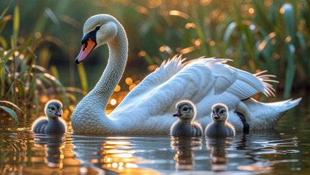 A serene close-up of a white swan surrounded by fluffy cygnets, captured in warm golden light on a calm pond.の素材