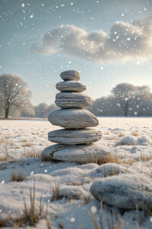 A peaceful stack of balanced stones stands in a snowy field as snowflakes gently fall, symbolizing harmony and tranquility in nature.の素材