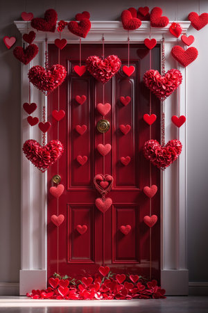 Festive red door decorated with hanging heart ornaments and petals, symbolizing love and romance for Valentine's Day.の素材