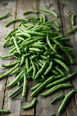 A top view of freshly picked green beans neatly arranged on a rustic wooden surface. The vibrant green pods contrast beautifully with the natural wood texture, creating an appealing and organic food composition.の素材