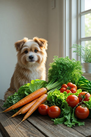 Adorable small puppy sitting among fresh vegetables including carrots, lettuce, and tomatoes. Healthy lifestyle concept with pet and organic produce, photographed in natural light.の素材