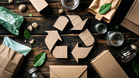 Eco friendly packaging concept with cardboard boxes, paper bags, and reusable bottles arranged around a green recycling symbol, symbolizing sustainability and zero waste lifestyle.の素材