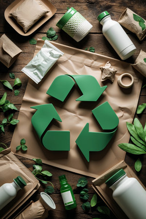 Eco friendly packaging concept with cardboard boxes, paper bags, and reusable bottles arranged around a green recycling symbol, symbolizing sustainability and zero waste lifestyle.の素材