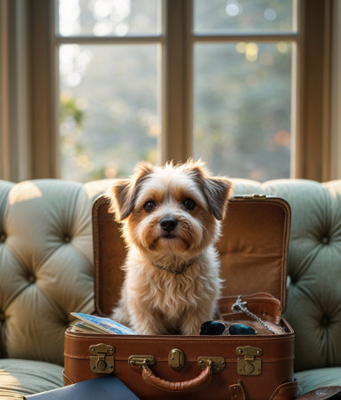 Cute dog sitting inside an open suitcase with a passport and sunglasses, symbolizing travel and vacation. Concept of pet-friendly travel and adventure with animals.の素材