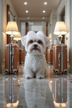 Adorable fluffy white dog sitting on a polished marble floor in a luxurious hotel hallway, surrounded by elegant leather suitcases and soft warm lighting from stylish lamps, creating a travel and vacation atmosphere.の素材