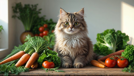 A fluffy cat with bright green eyes sitting near fresh vegetables including carrots, tomatoes, and leafy greens on a wooden table.の素材