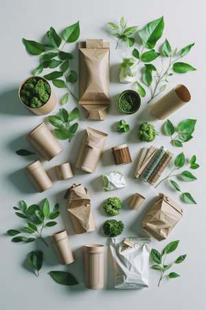 Eco friendly packaging concept with cardboard boxes, paper bags, and reusable bottles arranged around a green recycling symbol, symbolizing sustainability and zero waste lifestyle.の素材