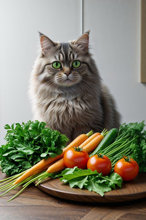 A fluffy cat with bright green eyes sitting near fresh vegetables including carrots, tomatoes, and leafy greens on a wooden table.の素材