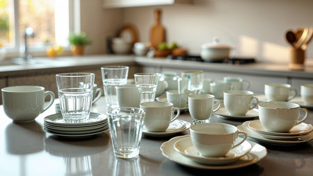 A collection of elegant porcelain cups, saucers, and glasses arranged neatly on a kitchen counter in a modern home interior. The set includes white ceramic dishes and clear glassware, illuminated by natural light, creating a refined and stylish dining atmosphere.の素材