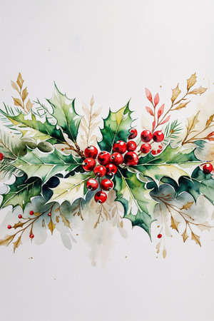 Beautiful watercolor illustration of holly leaves and red berries, painted in a festive Christmas style. Elegant seasonal decoration perfect for holiday cards, invitations, and seasonal design projects.の素材