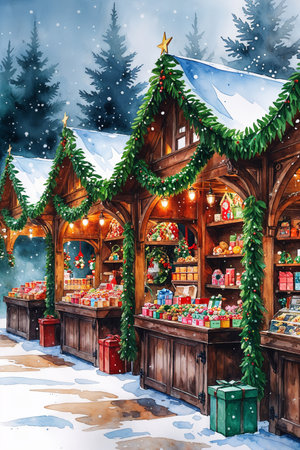 Watercolor illustration of a magical Christmas market with wooden stalls decorated with garlands, lights, and festive ornaments, surrounded by snow and gift boxes.の素材