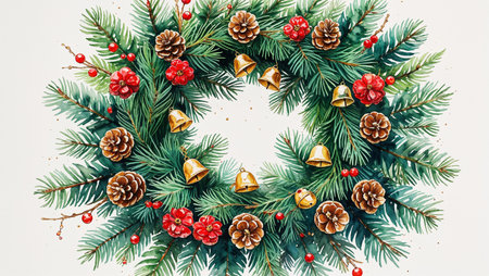 Festive watercolor illustration of a Christmas wreath made of pine branches, red berries, and golden bells, symbolizing the holiday season. Perfect for seasonal designs, cards, and winter decorations.の素材