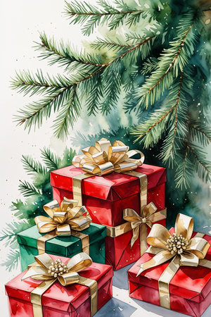 Watercolor illustration of beautifully wrapped Christmas presents with golden and red ribbons placed under a pine tree. Festive holiday design perfect for cards, posters, and seasonal decor.の素材