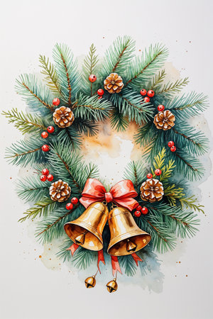 Festive watercolor illustration of a Christmas wreath made of pine branches, red berries, and golden bells, symbolizing the holiday season. Perfect for seasonal designs, cards, and winter decorations.の素材