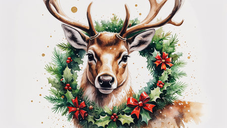 Festive watercolor illustration of a reindeer decorated with a holly and pine wreath, red berries, and a ribbon bow, symbolizing the Christmas holiday spirit.の素材