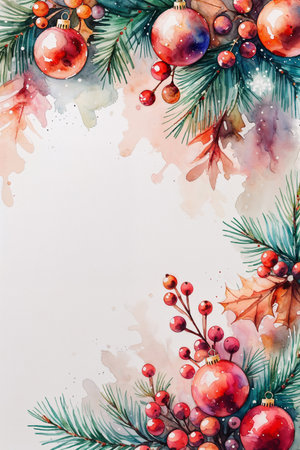Festive watercolor illustration featuring a Christmas border with holly leaves, pine branches, berries, and red ornaments on a white background. Perfect for holiday cards, invitations, and seasonal designs.の素材