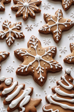 A festive watercolor illustration of Christmas cookies in the shape of snowflakes and trees, decorated with white icing. Perfect holiday artwork showing the beauty of traditional Christmas treats in a soft artistic style.の素材