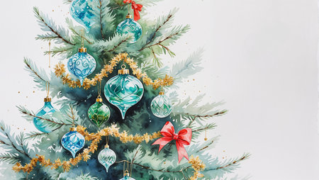 Beautiful watercolor illustration of a Christmas tree decorated with ornaments, red bows, and golden garlands, with presents placed underneath. Festive and elegant holiday artwork, perfect for Christmas cards, posters, or seasonal designs.の素材
