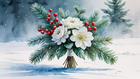 Elegant watercolor illustration of a winter wedding bouquet with pine branches, red berries, and frosty details, symbolizing the beauty of a seasonal celebration. Perfect for wedding design, stationery, invitations, and festive decor projects.の素材