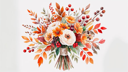 Elegant watercolor illustration of an autumn wedding bouquet with orange and white flowers, red berries, and colorful fall leaves. Perfect seasonal design for wedding invitations, stationery, decorations, and seasonal event graphics.の素材