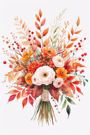 Elegant watercolor illustration of an autumn wedding bouquet with orange and white flowers, red berries, and colorful fall leaves. Perfect seasonal design for wedding invitations, stationery, decorations, and seasonal event graphics.の素材