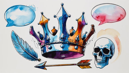 Watercolor illustration with symbolic elements: a royal crown, arrows, a skull, and a speech bubble. The design combines gothic and vintage tattoo aesthetics with a modern artistic touch. Perfect for creative projects, symbolic artworks, poster design, fantasy themes, and Halloween or tattoo-inspired graphics.の素材