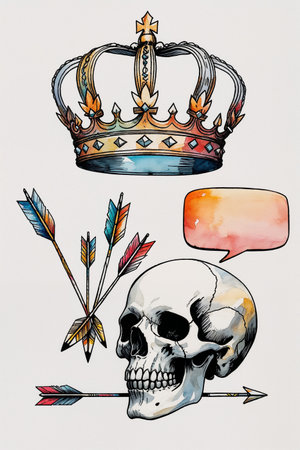 Watercolor illustration with symbolic elements: a royal crown, arrows, a skull, and a speech bubble. The design combines gothic and vintage tattoo aesthetics with a modern artistic touch. Perfect for creative projects, symbolic artworks, poster design, fantasy themes, and Halloween or tattoo-inspired graphics.の素材