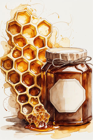 Beautiful watercolor illustration of fresh golden honey in a glass jar with a wooden lid and honey dipper, placed beside a honeycomb dripping with sweetness. Surrounded by soft green leaves, this composition evokes natural freshness, organic food aesthetics, and artisanal charm. Perfect for themes of healthy eating, beekeeping, natural products, rustic kitchen decor, eco-friendly design, and honey branding.の素材