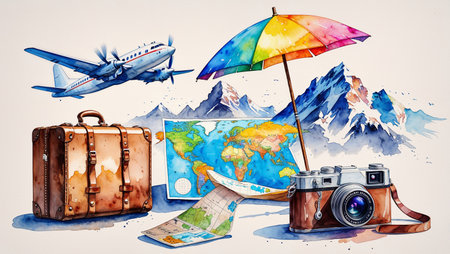 A creative watercolor illustration featuring travel essentials and adventure elements. The composition includes vintage leather suitcases, a retro camera, an airplane, a colorful beach umbrella, a mountain landscape, and a watercolor world map. Perfect for projects related to travel, vacation, tourism, wanderlust, and adventure-themed designs.の素材