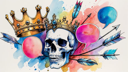 Watercolor illustration with symbolic elements: a royal crown, arrows, a skull, and a speech bubble. The design combines gothic and vintage tattoo aesthetics with a modern artistic touch. Perfect for creative projects, symbolic artworks, poster design, fantasy themes, and Halloween or tattoo-inspired graphics.の素材
