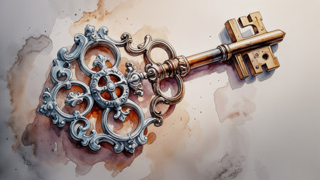 Watercolor illustration of a vintage ornate key with intricate details. The golden and silver key is depicted with decorative swirls and filigree patterns, lying on a soft watercolor background. Perfect for antique, mystery, security, or fantasy-themed designs.の素材