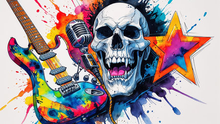 Watercolor illustration of a vivid rock and roll theme featuring a screaming skull, electric guitar, microphone, and a star on a white background. The artwork uses splashes of bright rainbow colors, creating an energetic and rebellious mood, symbolizing music, punk, and alternative lifestyle.の素材