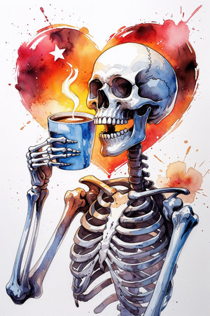 A surreal watercolor illustration of a skeleton holding a blue coffee mug with steam rising, set against a vibrant red and orange heart background. The artwork combines gothic and romantic elements, with expressive details of the bones and a dreamy, artistic splash effect. Perfect for symbolic, conceptual, or fantasy themes blending life, death, and love.の素材