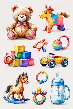 Collection of cute watercolor illustrations featuring baby toys and accessories. Teddy bear with bow, colorful puzzle piece, stack of cubes, red toy car, rocking horse, pacifier, and baby bottle. Hand-painted clipart set in bright colors, perfect for children's products, nursery decor, invitations, posters, and educational designs.の素材