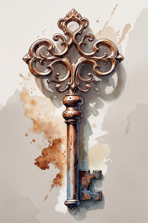 Watercolor illustration of a vintage ornate key with intricate details. The golden and silver key is depicted with decorative swirls and filigree patterns, lying on a soft watercolor background. Perfect for antique, mystery, security, or fantasy-themed designs.の素材