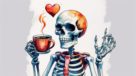 A surreal watercolor illustration of a skeleton holding a blue coffee mug with steam rising, set against a vibrant red and orange heart background. The artwork combines gothic and romantic elements, with expressive details of the bones and a dreamy, artistic splash effect. Perfect for symbolic, conceptual, or fantasy themes blending life, death, and love.の素材