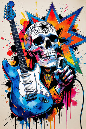 Watercolor illustration of a vivid rock and roll theme featuring a screaming skull, electric guitar, microphone, and a star on a white background. The artwork uses splashes of bright rainbow colors, creating an energetic and rebellious mood, symbolizing music, punk, and alternative lifestyle.の素材