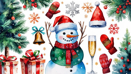 Watercolor illustration of a cheerful snowman in a red Santa hat and scarf, standing in front of decorated Christmas trees with golden stars. The scene includes wrapped presents, snowflakes, holly with red berries, and a glass of champagne, creating a festive holiday atmosphere. Perfect for Christmas and New Year greeting cards, seasonal decor, and winter celebration designs.の素材