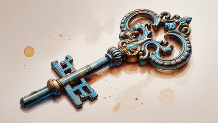 Watercolor illustration of a vintage ornate key with intricate details. The golden and silver key is depicted with decorative swirls and filigree patterns, lying on a soft watercolor background. Perfect for antique, mystery, security, or fantasy-themed designs.の素材