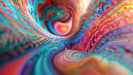 A vivid abstract artwork featuring colorful flowing waves in shades of pink, blue, yellow, and purple. The smooth textures and dynamic forms create a sense of energy and movement, resembling fabric or liquid in motion.の素材