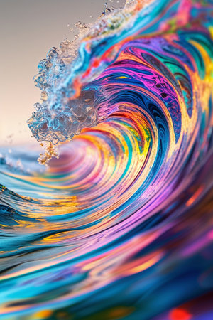 A stunning digital artwork of a colorful ocean wave with abstract neon hues. The image combines realism with fantasy, featuring bright rainbow tones and fluid motion, creating a dynamic and mesmerizing visual effect.の素材