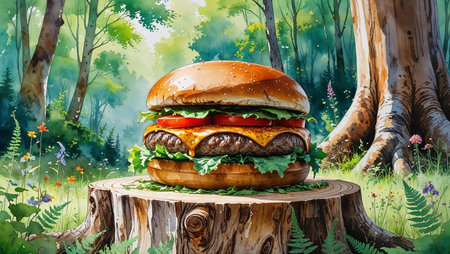 Delicious cheeseburger with lettuce, tomato, and melted cheese placed on a tree stump in a green forest, symbolizing natural and fresh food.の素材