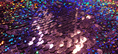 Colorful close-up of sparkling sequins in shades of purple, blue, and pink, creating a dazzling, shimmering surface with rainbow reflections. Perfect for festive backgrounds, fashion design, or decorative projects.の写真素材