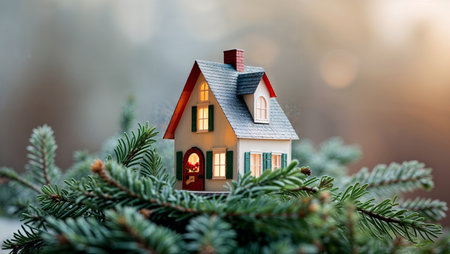 Cozy miniature house with warm glowing windows placed on green fir tree branches. Festive holiday decoration symbolizing home, comfort, and Christmas spirit.の素材