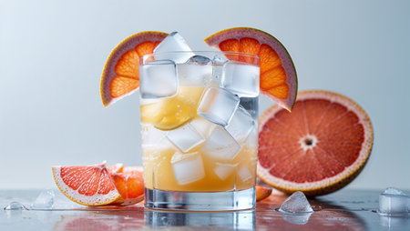 Refreshing grapefruit cocktail with ice cubes, rosemary sprig, and mint leaves. Served in a glass with fresh citrus slices, vibrant summer beverage for health and celebration.の素材