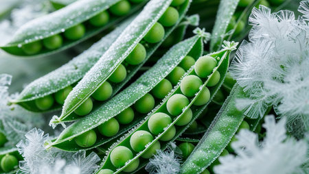 Close-up of fresh green pea pods covered with frost and ice crystals. Concept of frozen vegetables, freshness preservation, natural healthy food, and winter harvest.の素材