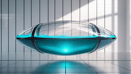 Futuristic biotechnology capsule filled with glowing liquid, concept of life extension, rejuvenation, advanced medicine, and futuristic healthcare innovations. Modern sci-fi design representing biotechnology, science, and medical technology of the future.の素材