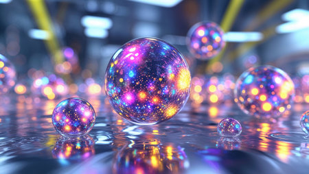 Close-up of futuristic glowing food-like structures under a microscope, resembling bioengineered cuisine or experimental nutrition research. The scene combines science, biotechnology, and gastronomy in a neon-lit laboratory environment.の素材