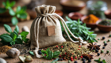 Rustic eco-friendly linen pouch filled with dried herbs and spices, surrounded by fresh green leaves and natural ingredients. Sustainable packaging concept for organic food and zero waste lifestyle.の素材